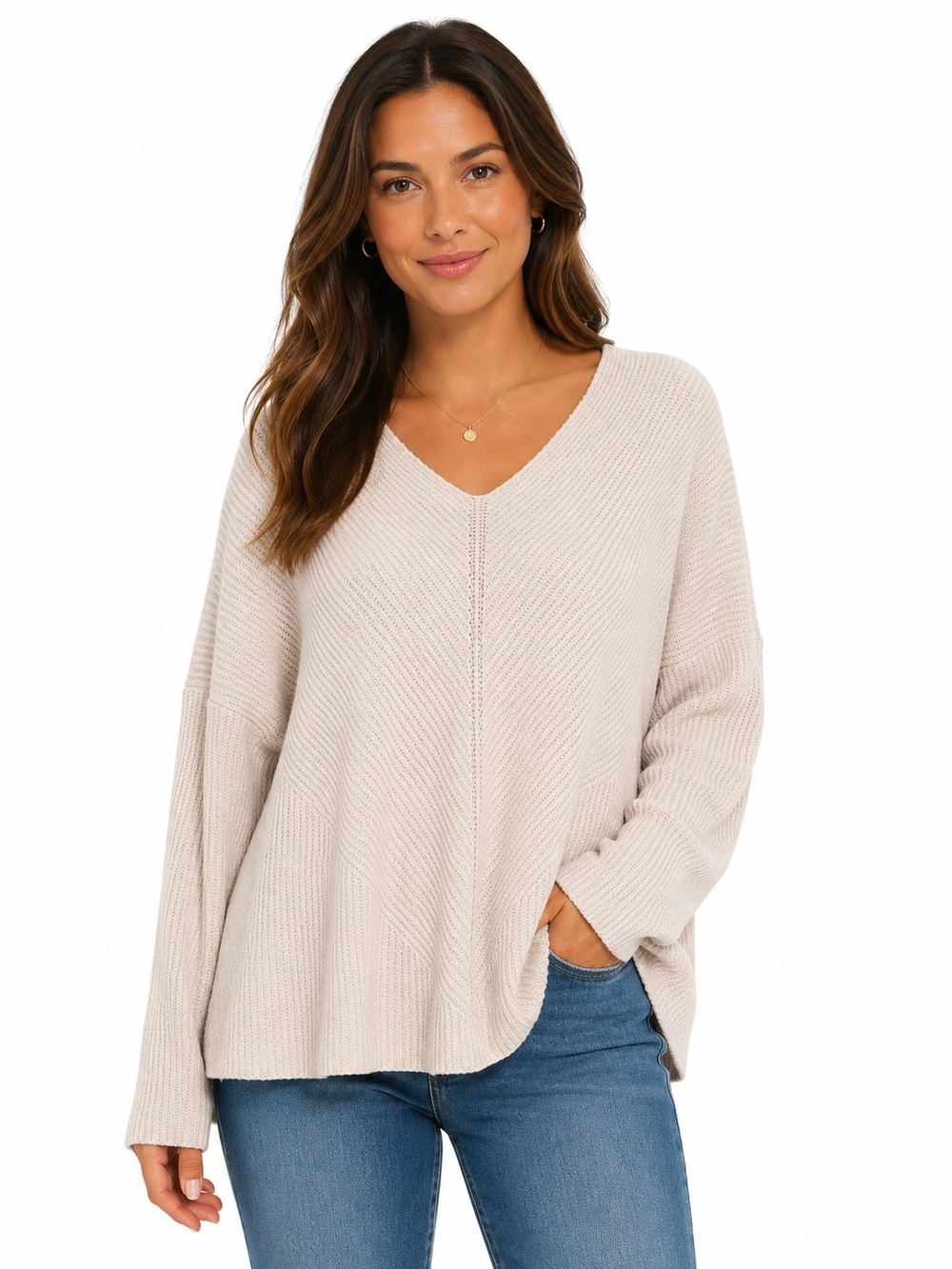 Sanctuary Light Pink Tan V-Neck Ribbed Knit Sweater Women's Size L